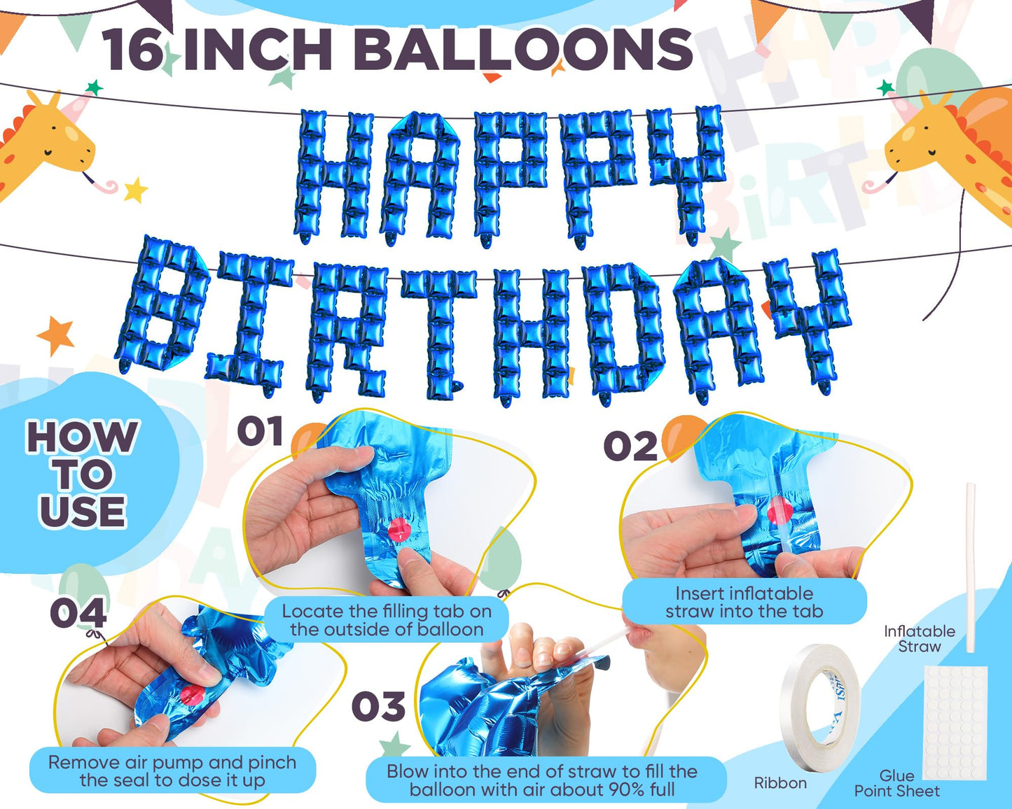Seenelling Happy Birthday Balloons Banner with 3 Pack Silver Foil Fringe Backdrop 16 Inch Foil Letters Metallic Tinsel Fringe Curtains Reusable Inflatable Birthday Party Decorations(Blue) BST326L