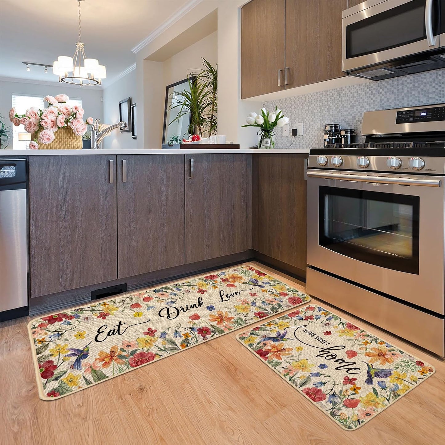 Baccessor Home Sweet Home Floral Kitchen Mats Set of 2,Spring Summer Hummingbird Flowers Kitchen Rugs Absorbent Non Slip Low-Profile Washable for Floor Home Decor 17x29 and 17x47 Inch BST202
