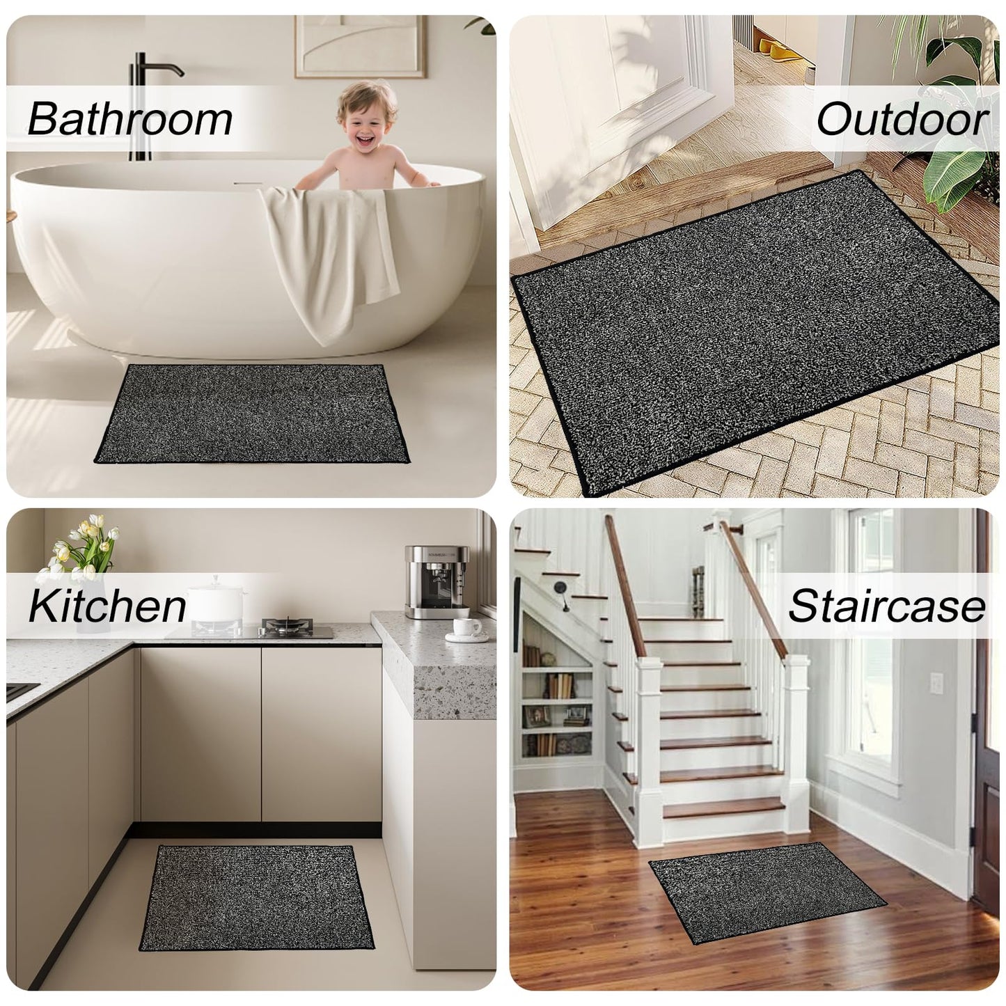 HDFK Bathroom Rugs | Non Slip Washable Bath Mats 24x16 Inches 2 Tone Soft Chenille Medium Pile TPR Floor Mat | High Absorbency Quick Dry Grey and White | Shower Rug for Wet Dry Zone BST220