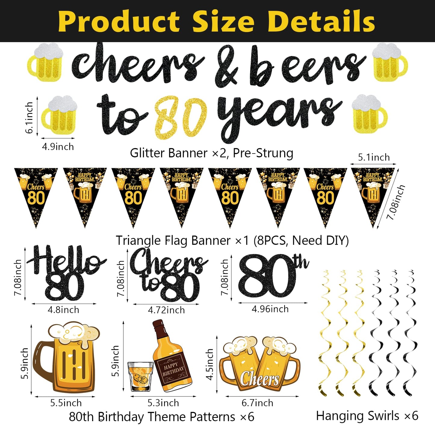 Black Gold 90th Birthday Decorations for Men Women, Glitter Pre-Strung Cheers to 90 Years Banner Hello 90 Hanging Swirls Paper Triangle Flag Banner Decorations Bday Party Supplies Kit WN420