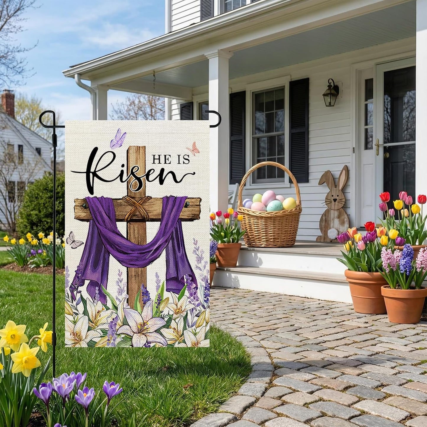 CROWNED BEAUTY Easter Garden Flag He is Risen 12x18 Inch Double Sided Holiday Decoration for Outdoor Lawn Yard WN420