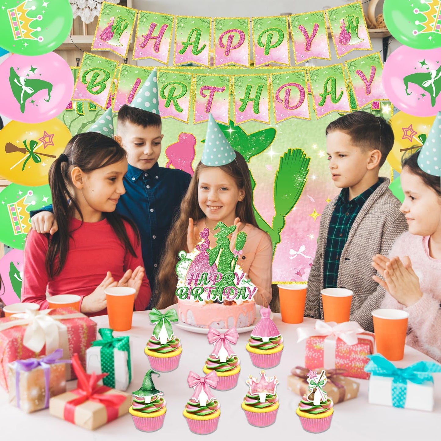 42Pcs Halloween Witch Birthday Party Decorations Pink and Green Backdrop Witch Princess Cake Decorations Toppers Cupcake Toppers Balloons for Halloween Witch Party Supplies BST326H