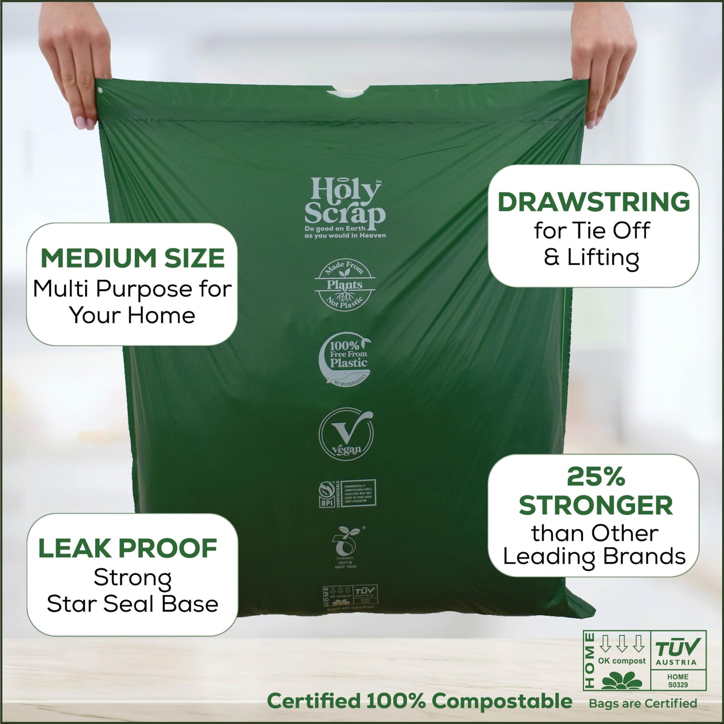 Small Compostable Trash Bags - 2.6 Gallon, 100 Pack, 100% Plastic-Free Decomposing Kitchen Food Waste Trash Can Bags & Liners, Thick Countertop Garbage, Bathroom & Bio Bin Bags