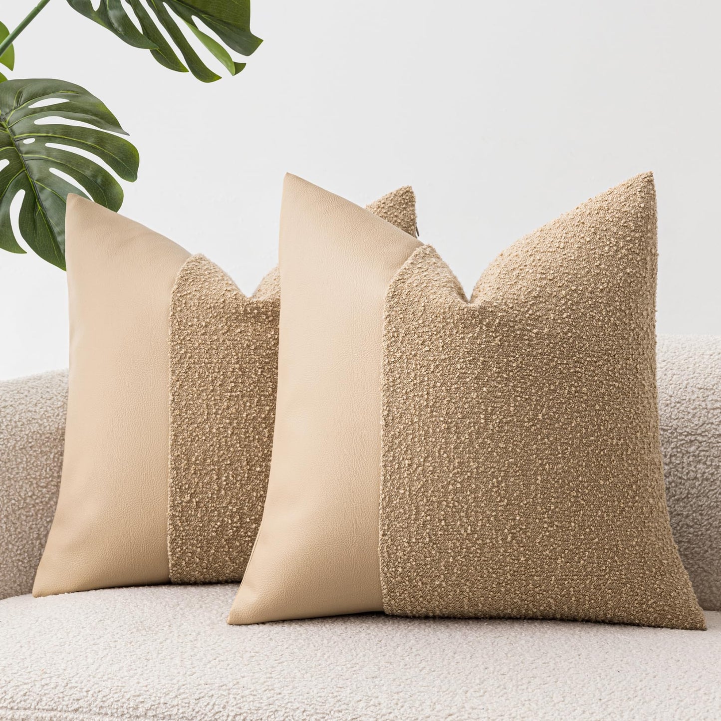 Set of 2 Fluffy Boucle Pillow Covers 18"x18", Oatmeal Textured Throw Pillow Covers with Faux Leather Accents, Boho Decorative Pillow Cases for Couch, Bed, or Farmhouse Home Decor BST220