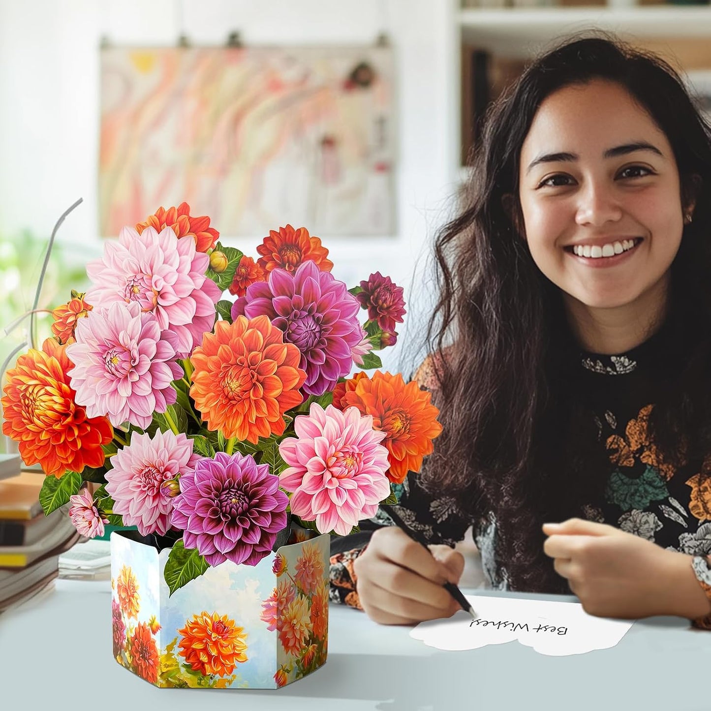 Pop Up Greeting Cards, Dahlia Paper Flower Bouquets | Birthday,Mother's Day, Thank You, Get Well, Anniversary,Include Note Card & Envelope WN420