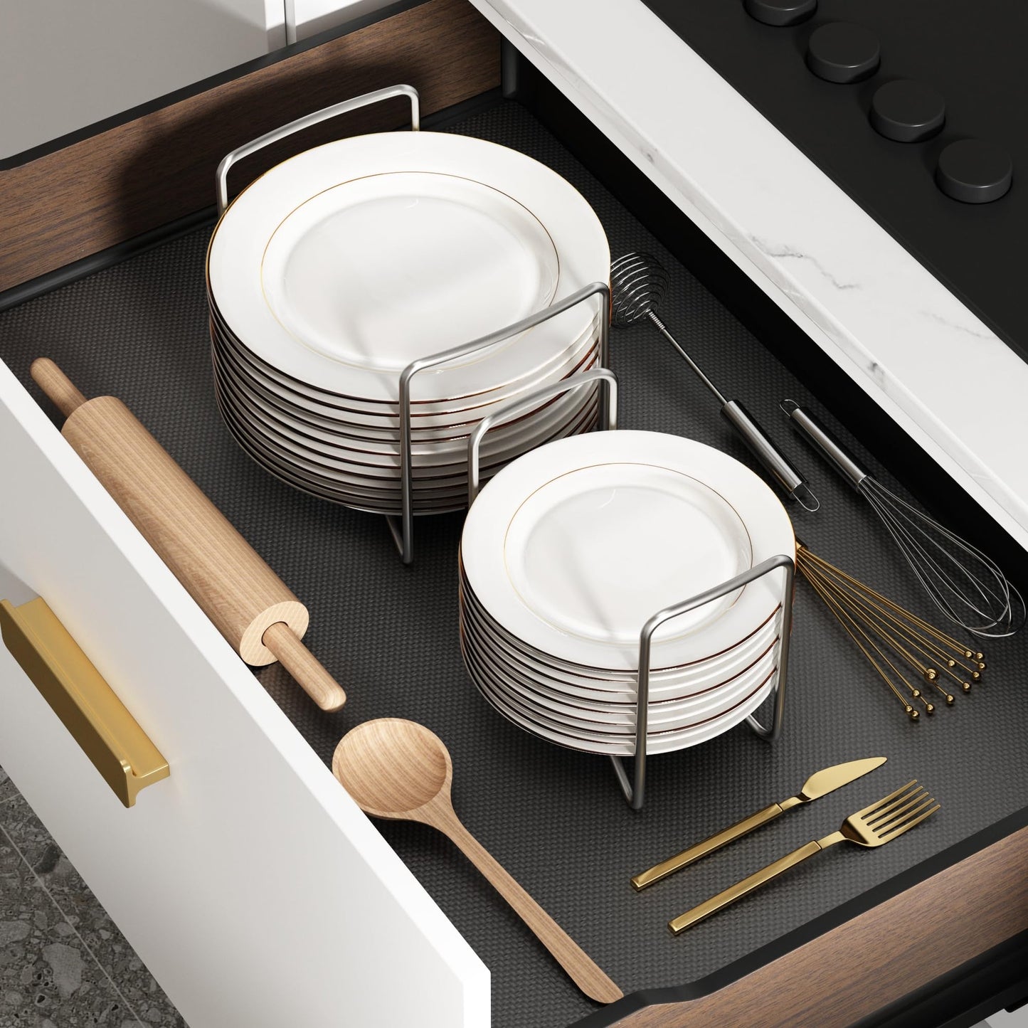 Plate Organizer for Kitchen Counter Bamboo Dish Racks for Cabinet Plate Holder for Kitchen Drawer Storage 2 Pack Adjustable for 6.75" to 8.5" Stainless Steel 304 Portable Handle BST220