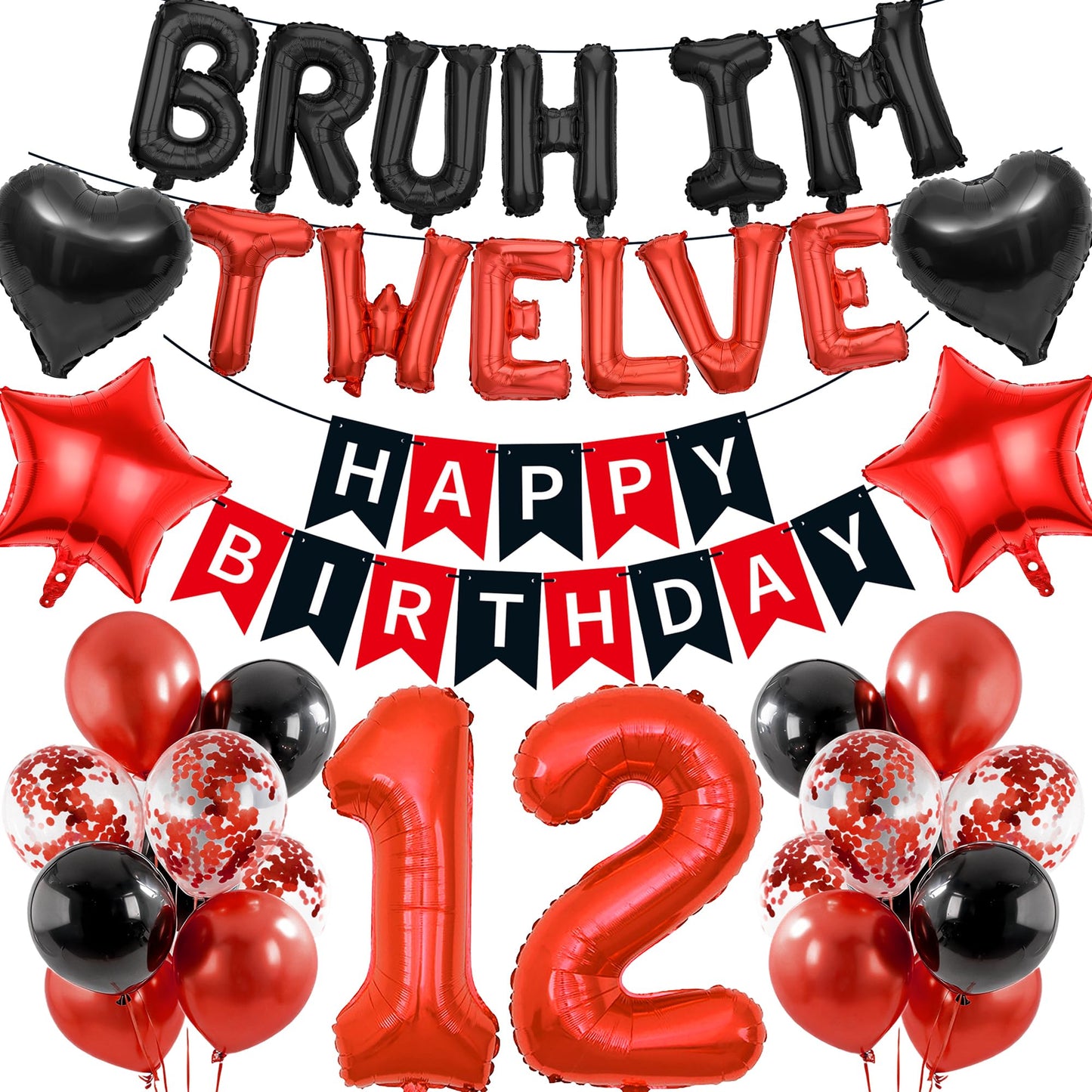 9th Birthday Decorations Boys Kit - 27 Pcs Red and Black Bruh Im Nine Balloon Banners Happy Birthday Fishtail Flags Number 9 Balloon Star Heart Balloons Set for 9 Year Old Party Decoration Supplies BST202