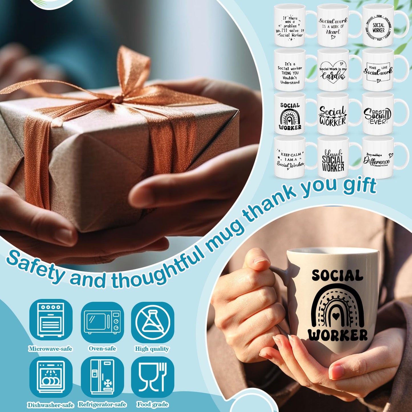 Honeydak 12 Pcs Social Worker Appreciation Gifts for Women Men 11oz Ceramic Mugs Bulk Thank You Gift for Social Worker Cup for Coworker Birthdays School Office Volunteer Nurse Week(Elegant) BST220