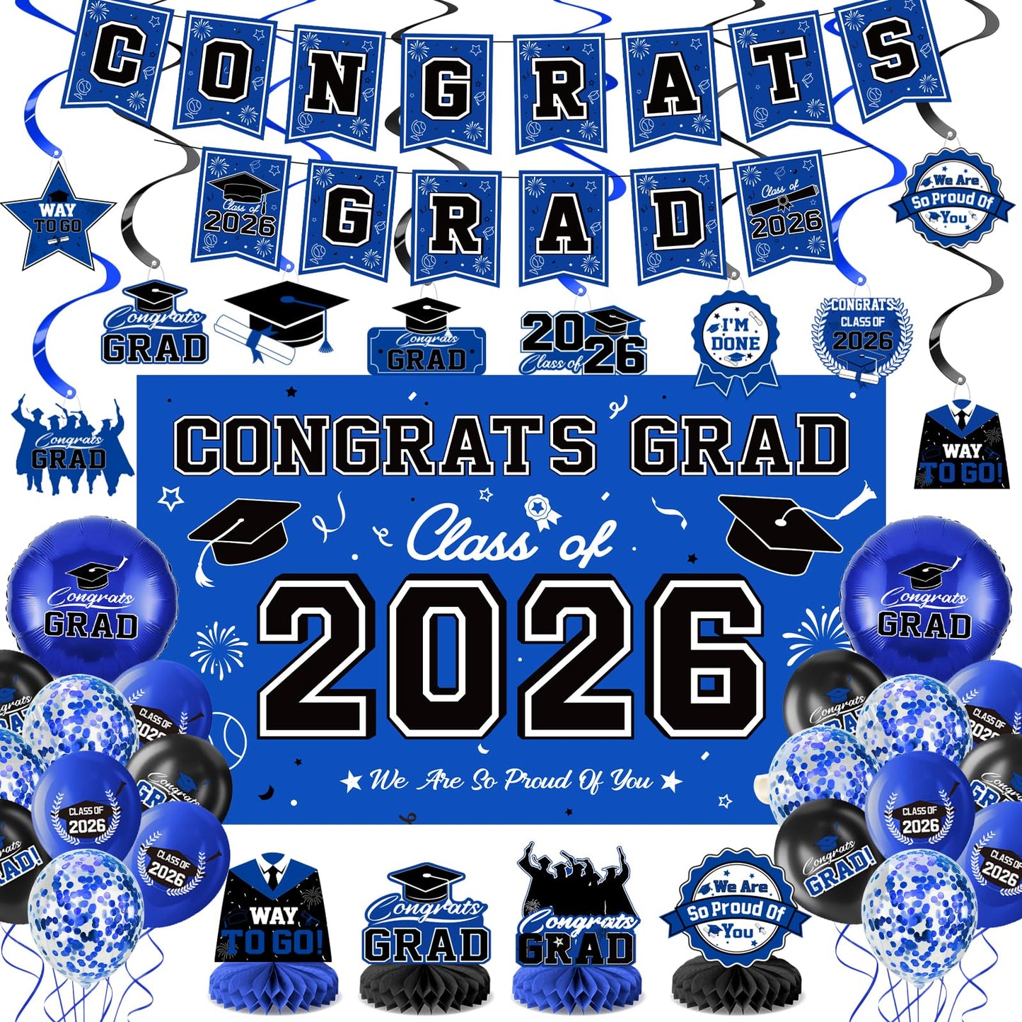 Graduation Decorations 2026-Black and Gold Graduation Party Decorations Supplies Class of 2026 with Graduation Banner, Backdrop, Balloons, Centerpieces, Hanging Swirl for Grad Party BST326H