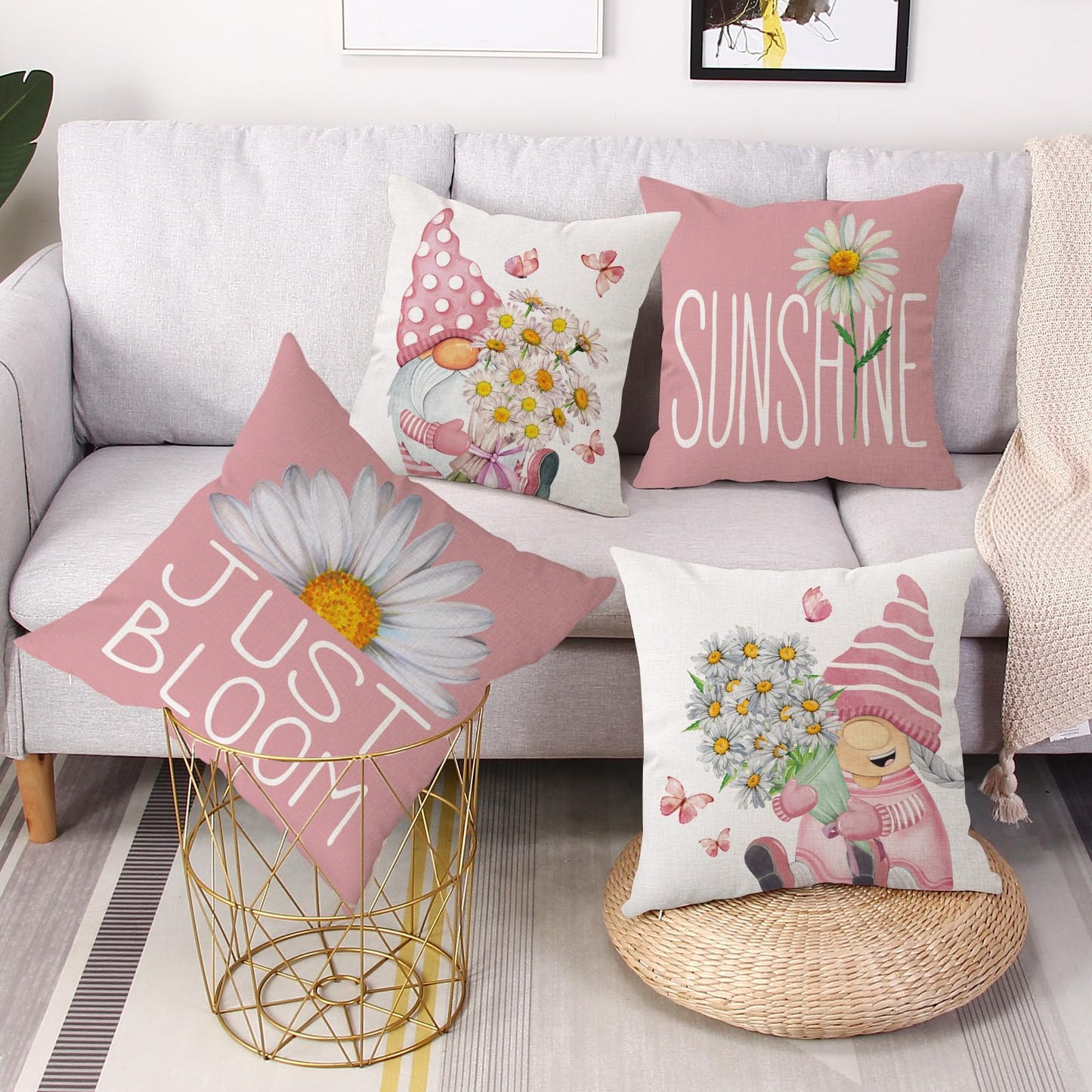 Spring Easter Pillow Covers 18x18 Set of 2 Rabbit Bunny Carrot Truck Spring Flowers Decorative Throw Pillow Covers for Home Office Sofa Bed Couch BST326L