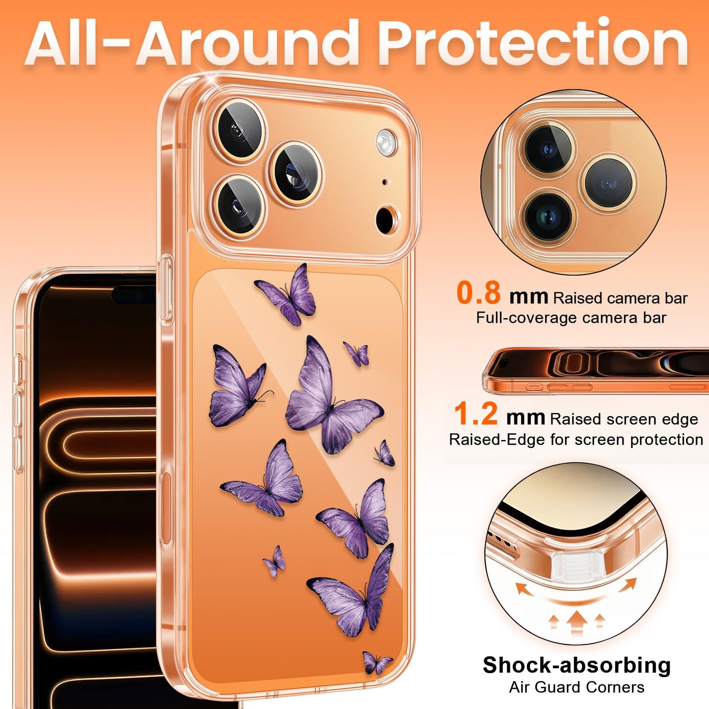 Cute Girly Crystal Clear Case Compatible with iPhone 16 Pro, Camera Control & Shockproof Protection Floral Case for Women, Blue Butterflies WN420
