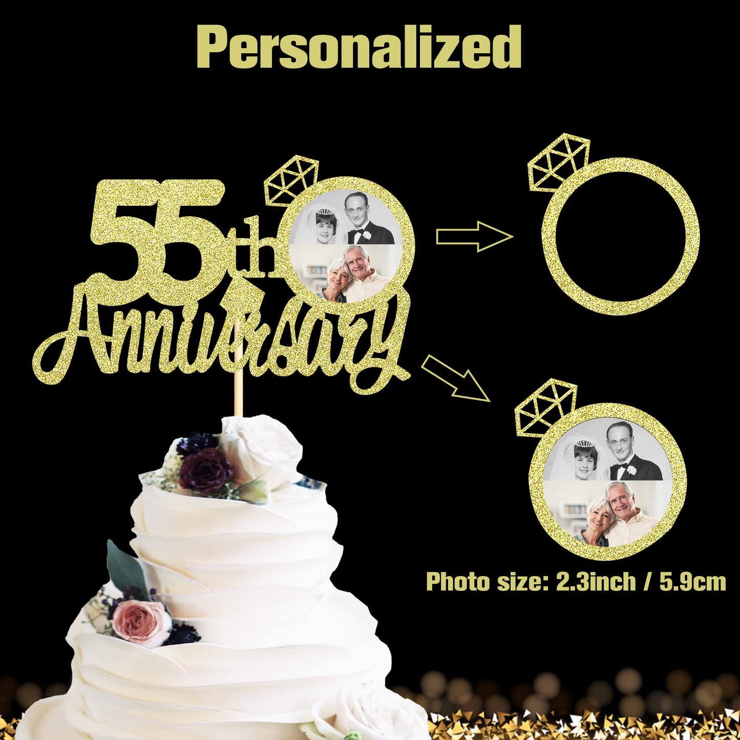 Sumerk 13 PCS Gold Glitter 55th Anniversary Cake Topper Happy 55th Anniversary Wedding Anniversary Cake Decorations BST220