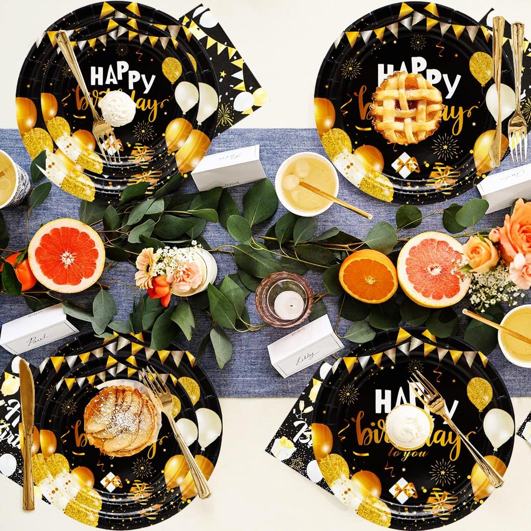 150Pcs Black & Gold Party Supplies - Happy Birthday Set with 9" & 7" Plates, Napkins, Knives, Forks, Spoons for 30th-80th Anniversary Decor BST326H