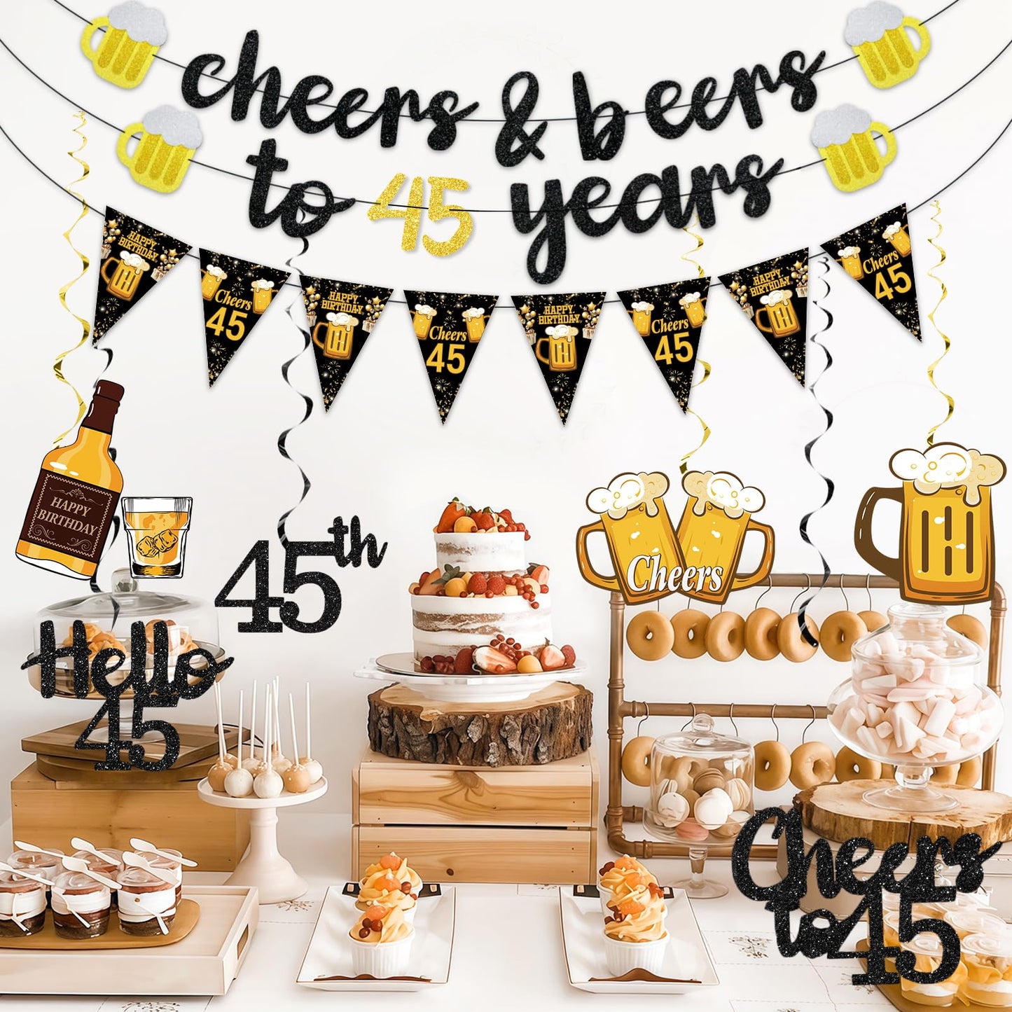 Black Gold 90th Birthday Decorations for Men Women, Glitter Pre-Strung Cheers to 90 Years Banner Hello 90 Hanging Swirls Paper Triangle Flag Banner Decorations Bday Party Supplies Kit WN420