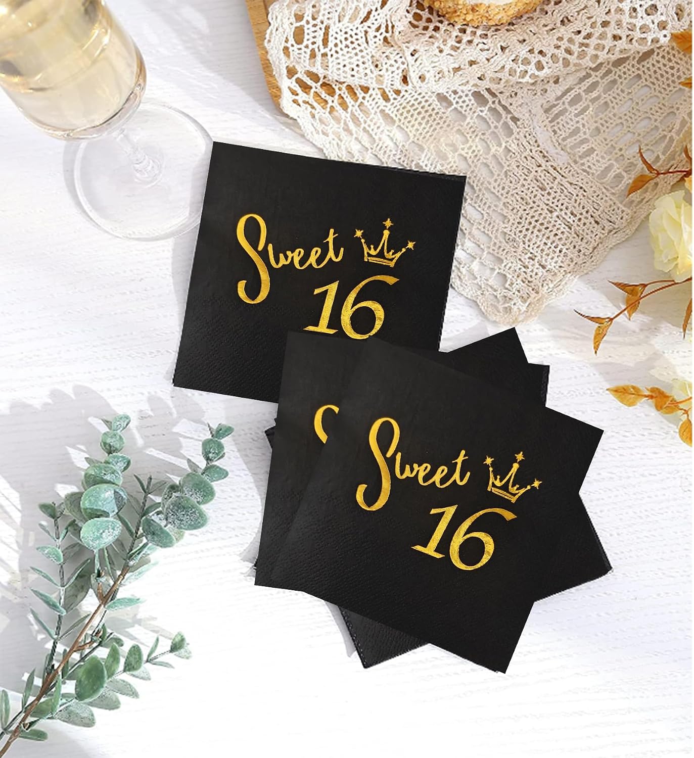 16th Birthday Party Supplies Disposable Tableware Napkins and Plates,Black and Gold Napkins and Plates Set for 16th Girl Birthday Party Decoration Service 20 BST326L
