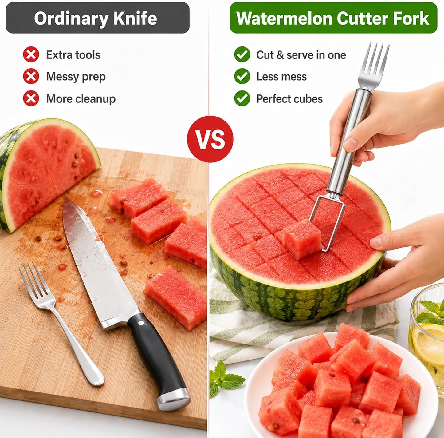 3 PCS Watermelon Cutter, 2-in-1 Watermelon Slicer & Fork, Stainless Steel Watermelon Cube Cutter Tool, Portable Dual-Head Melon Fruit Slicer Tools for Home Parties, Picnic, Camping and Kitchen Gadgets BST220
