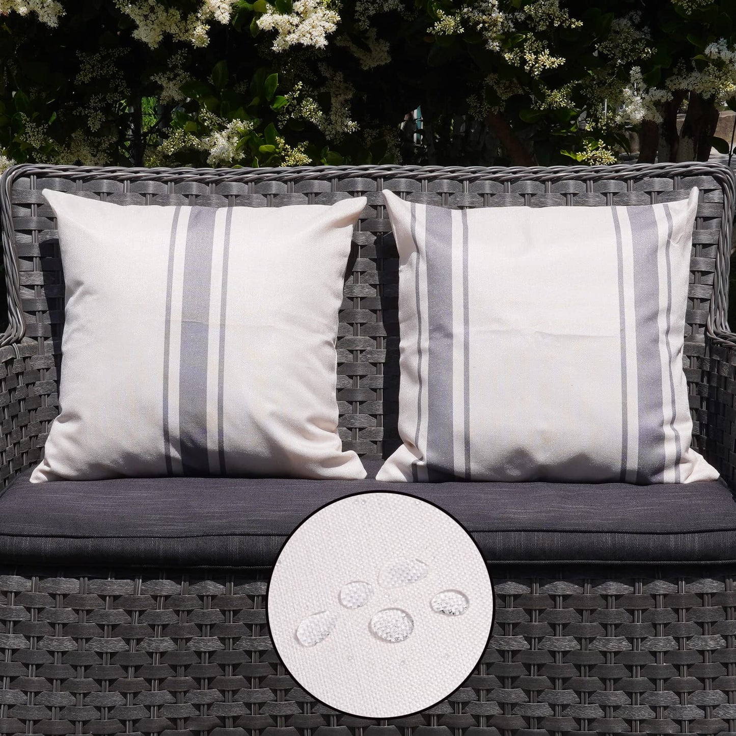 ONWAY Outdoor Pillow Covers Waterproof 18x18 Set of 2 Decorative Linen Throw Pillow Cover Beige and Black Striped Outdoor Pillows for Patio Furniture BST220