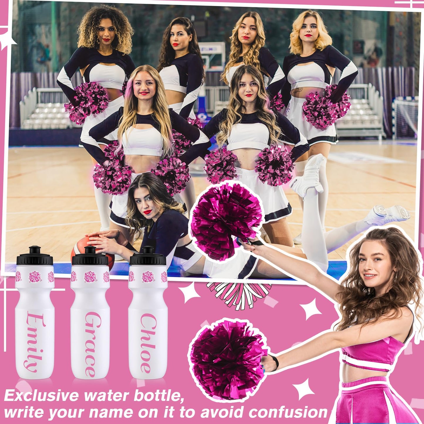 Talltalk 12 Pack Cheerleading Water Bottles Bulk 24 oz Reusable Plastic Cheer Water Bottles with Pull Top Cap Dishwasher Safe Cheerleader Drinking Bottle for Game Sports Dance Party (Rose Red) BST220
