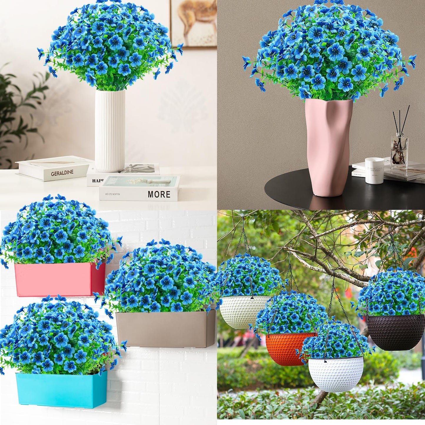8 Bundles Outdoor Artificial Flowers,UV Resistant Fake Flowers Outdoor Plastic Plants Faux Silk Flower for Outside Indoor Decoration(Blue) BST202