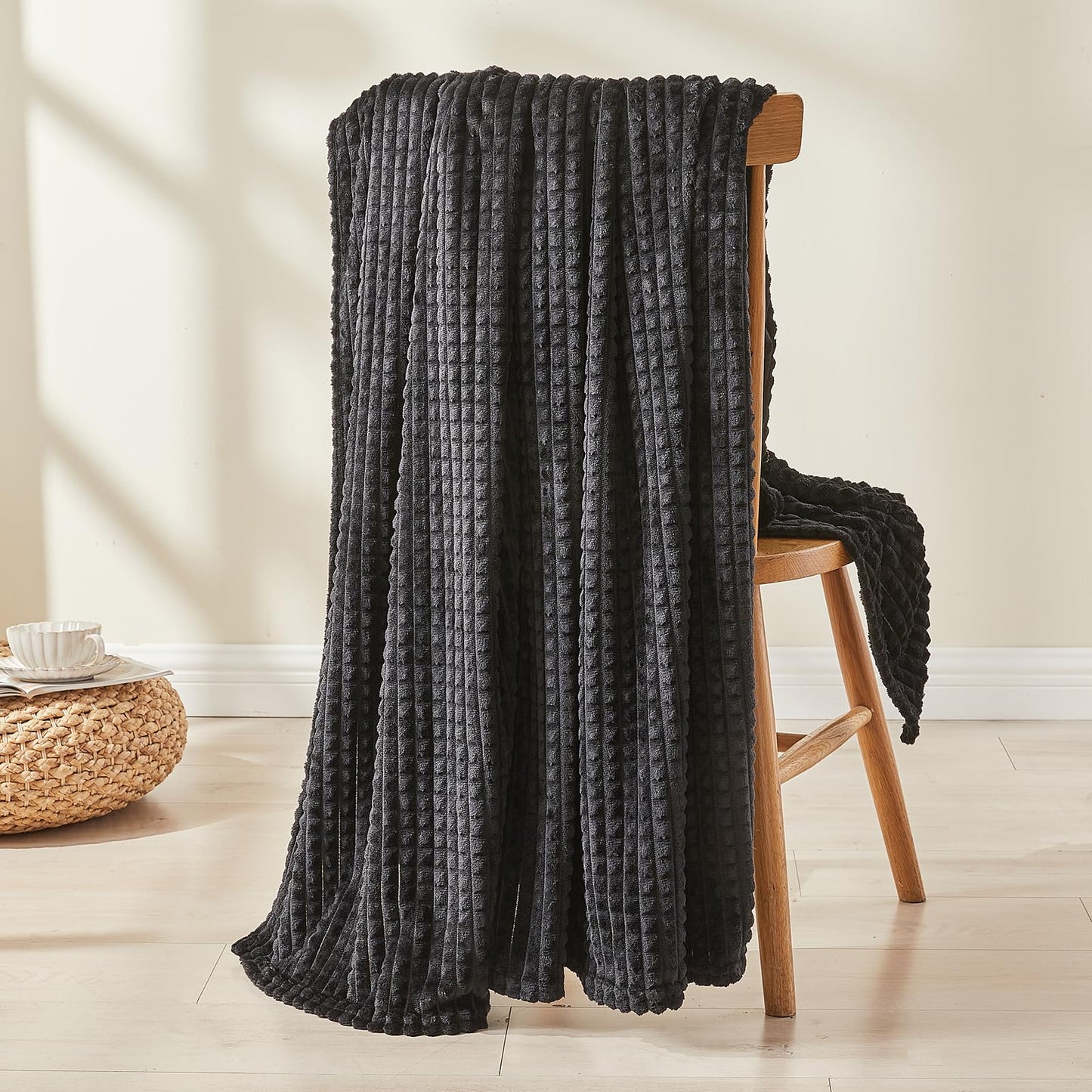 EMME Fleece Blanket, 3D Jacquard Throw Blanket for Couch and Bed, Soft Cozy and Fluffy Blankets Lightweight Luxury Flannel with Waffle Design (Navy Blue, 50" x 60") BST202