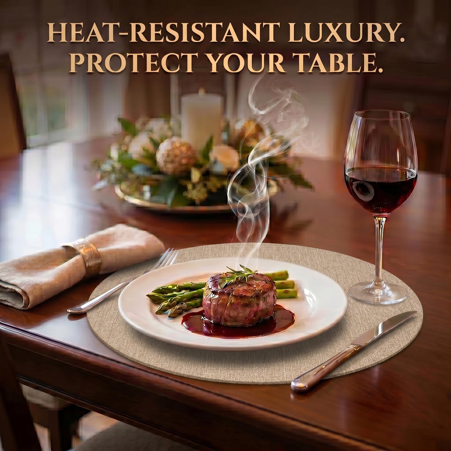 Faux Leather Placemats Set of 6, Wipeable Waterproof Stain Resistant Table Mats, Heat Resistant Thick Placemats with Hand-Painted Edges for Kitchen Dining, Imitative Linen Texture, Various Shapes BST326H