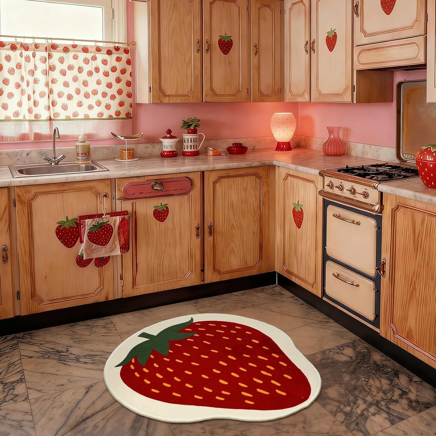 Tinideya Strawberry Bath Mat, Fruit Shaped Kitchen Bathroom Rug, Cute Summer Strawberry Welcome Front Door Rugs Soft Absorbent Non Slip Washable for Bathroom Sink Tub Bedroom Entryway Indoor Floor Mat BST202