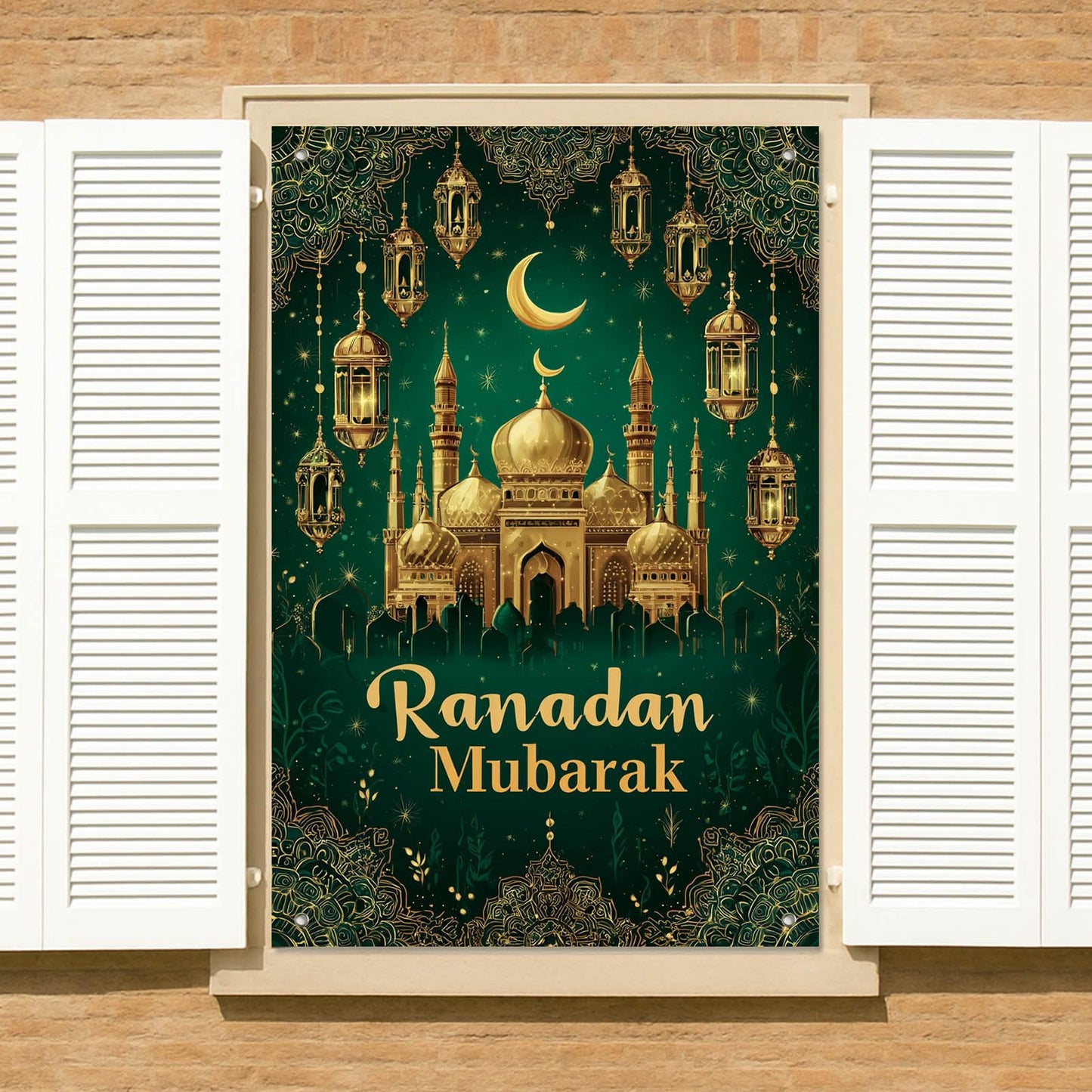 HOMETITUTE Eid Ramadan Window Banner Holiday Curtain Backdrop 31x47 Fabric | Mubarak Cover Festival Screen Windows Banner Hanging Living Room Bedroom Home Crescent Moon Star Pattern Design BST326H