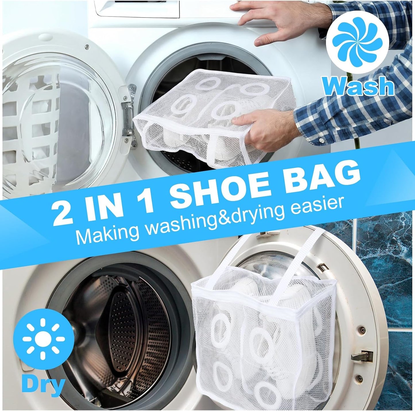SATINIOR 2 Pack 2-in-1 Shoe Dryer Laundry Bag 14.2 x 12 Inch Sneaker Dryer Shoe Bag Laundry Bags Washable and Tumble Sneaker with Adjustable Straps Protective Mesh Bags, White BST326H
