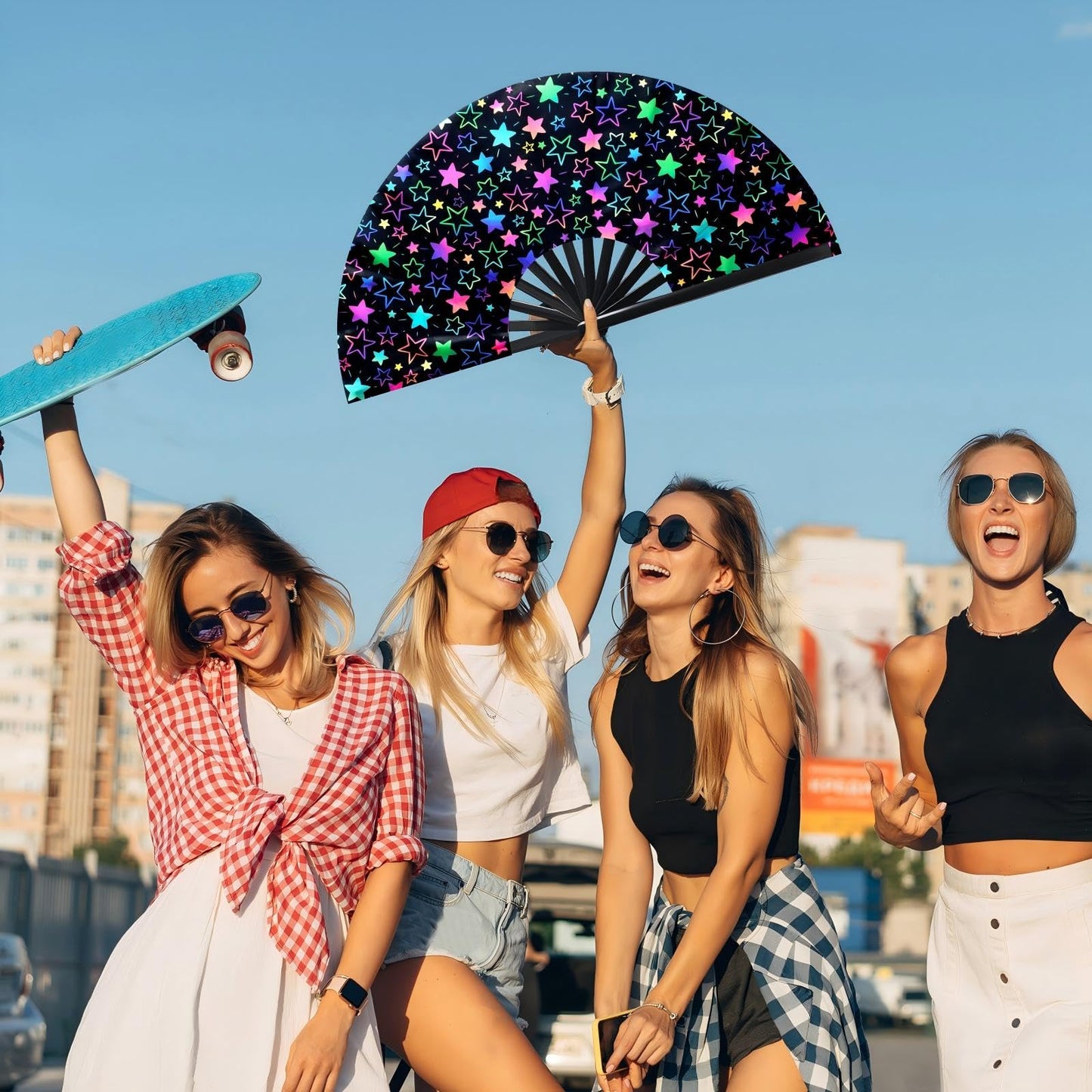 FairySandy Large Rave Fan UV Glow Clack Summer Hand Fan with Thigh Holster for Women Carnival Party Supplies for Carnival Edm Music Festival Club Accessories(Cool Style,Black) WN420