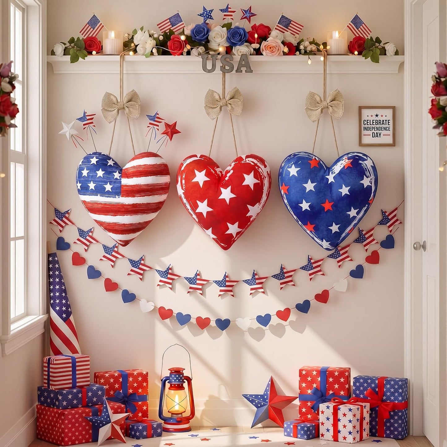 Moukeren 3 Pcs 4th of July Tree Decorations 12 Inch Large Red White Blue Decorations Patriotic Mantel Decor Fabric Heart Hanging Ornaments for Independence Day 250th Anniversary Rustic Farmhouse Style BST202