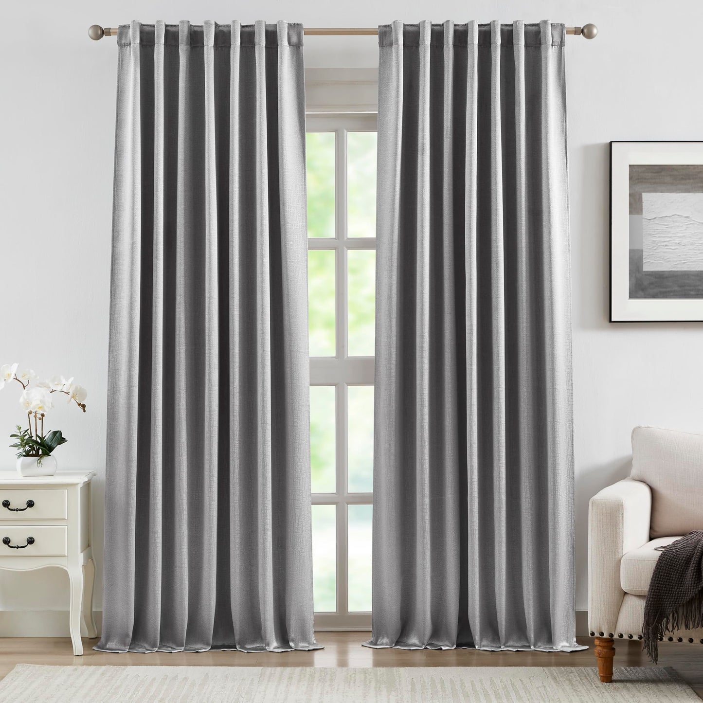 Bujasso Gray Jacquard Blackout Window Curtain Panels, 54" Wx84 Lx2 | Back Tab Rod Pocket with Magnetic Tiebacks,Thermal Insulated,85% Room Darkening Light Blocking Drapes for Bedroom Living Room BST326H