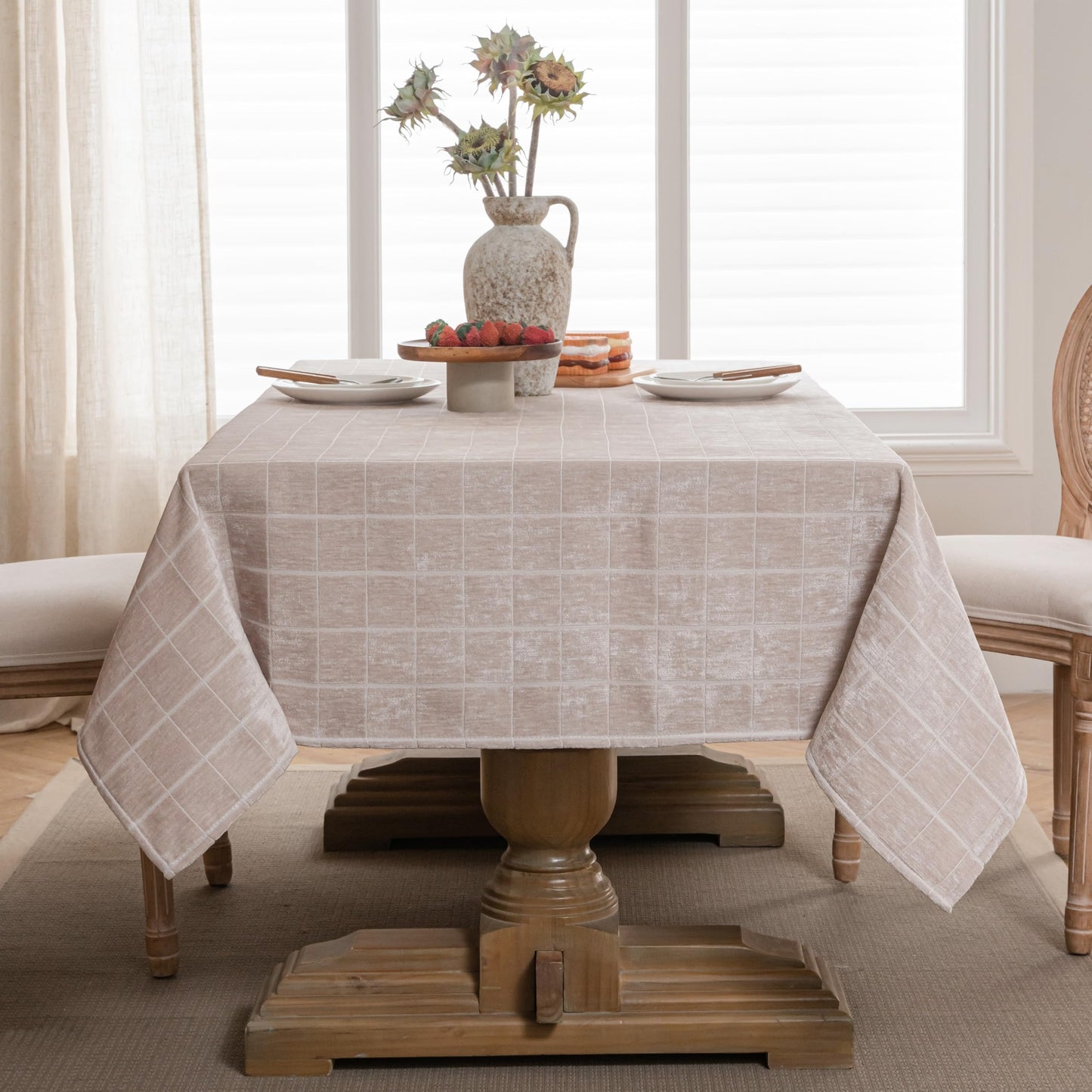 Caflife White Square Tablecloth 55x55 Inch, Cotton Linen Polyester Blend Stripes Table Cloth, Farmhouse Boho Decorative Table Cover for Dining Room Party Buffet Home Kitchen Table Decor BST202