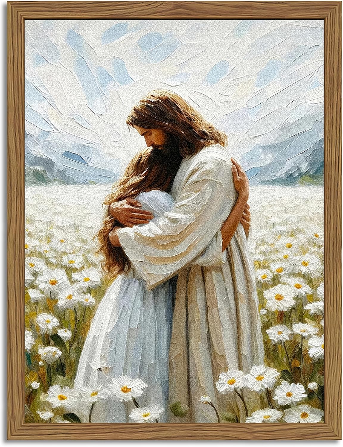 Framed 3D Textured Jesus Embracing Woman Wall Art, Jesus Hugging Woman Wall Decor Hand Drawn Sandstone Religious Christian Bible Painting Pictures for Bedroom Living Prayer Room 12x16 in Wood Framed BST202