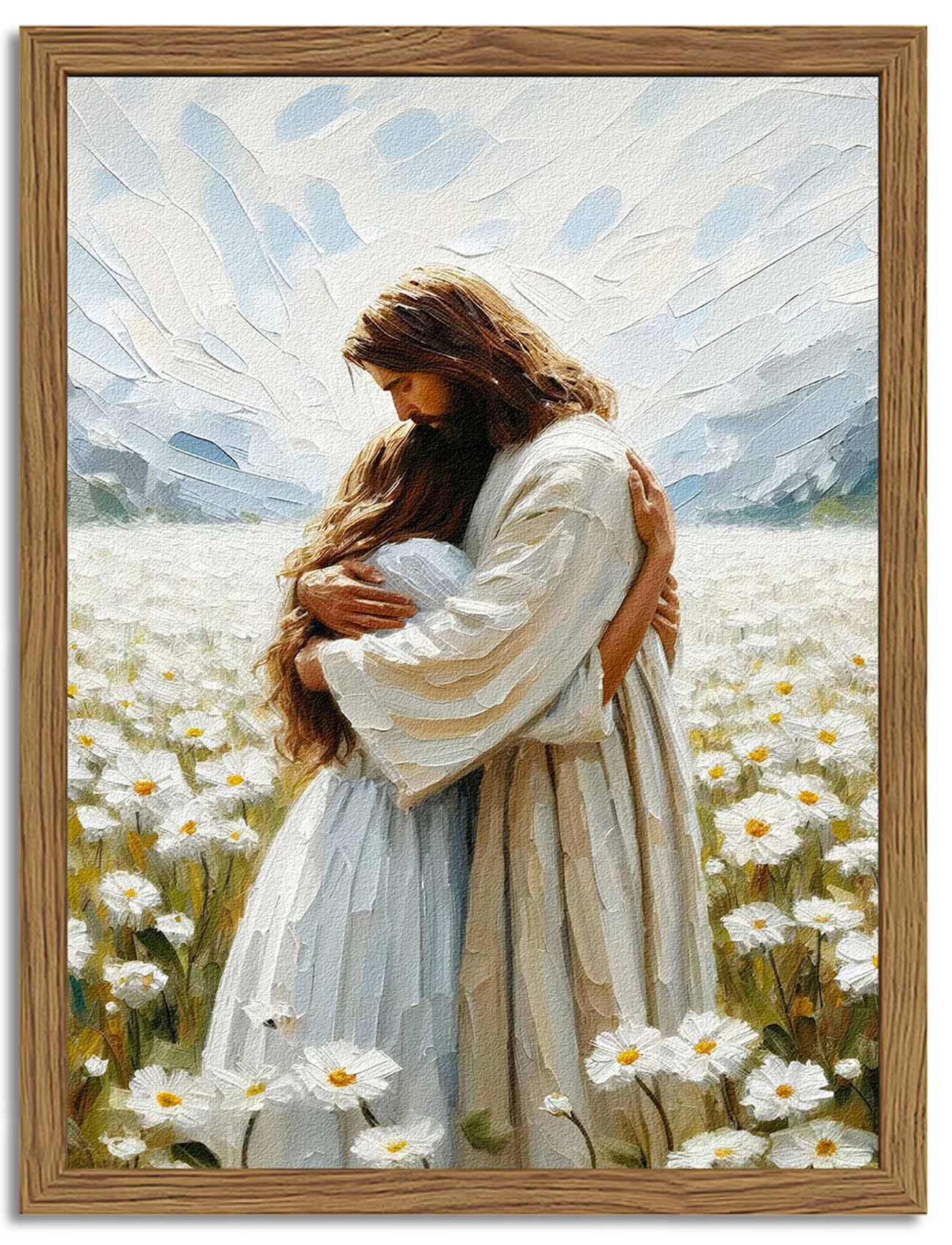Framed 3D Textured Jesus Embracing Woman Wall Art, Jesus Hugging Woman Wall Decor Hand Drawn Sandstone Religious Christian Bible Painting Pictures for Bedroom Living Prayer Room 12x16 in Wood Framed BST202