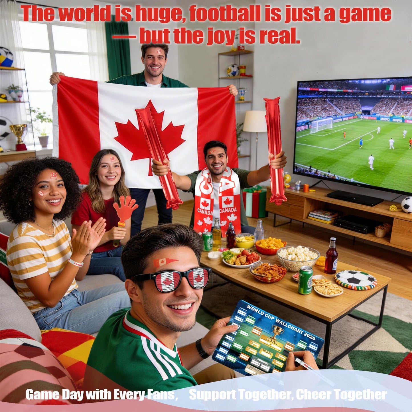 World Cup 2026 Fan Accessories with Large 3x5 ft Flag, Match Tracker Poster, Stickers, Cheering Sticks, Clapper & Scarf, World Cup Decorations Fan kit for Soccer Watch Party, Stadium and Home Cheering BST202