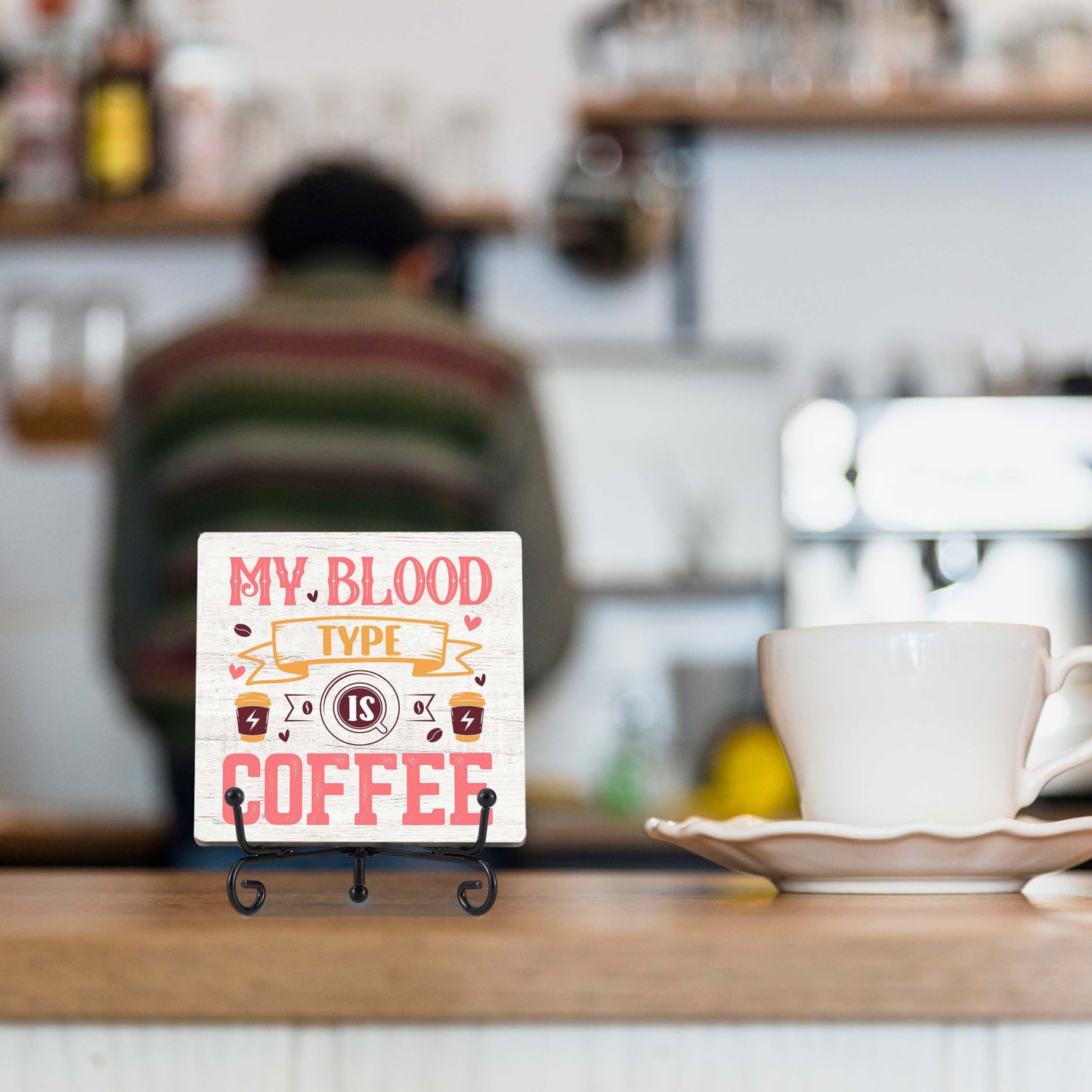 Coffee Bar Decor, Farmhouse Kitchen Table Decor, Coffee Station Accessories, Wooden Decorative Sign with Iron Stand for Table Desk Shelf Display-E21 BST220