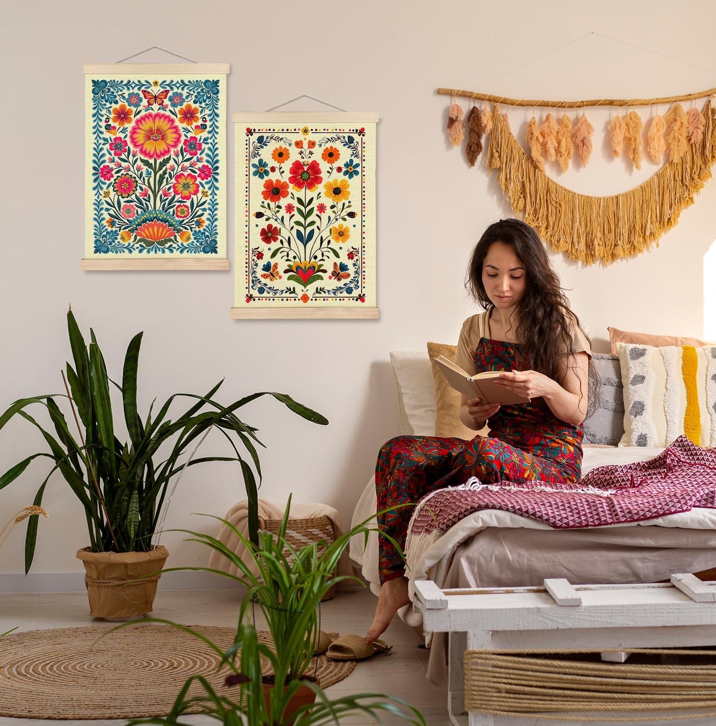 SPBL&L Green Boho Floral Mexican Wall Art, Abstract Flower Poster Hanger Frame, Burnt Orange Terracotta Botanical Hanging Canvas Pictures Prints Wall Decor for Home Bedroom, 12x16 Inch Set of 2 BST202
