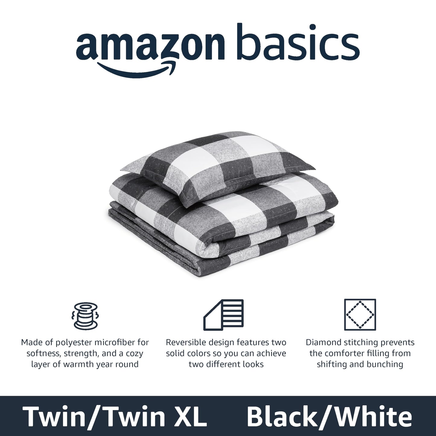Amazon Basics Comforter Blanket, Reversible, Lightweight Microfiber, Machine Washable, All Season, Full/Queen, Black/Grey