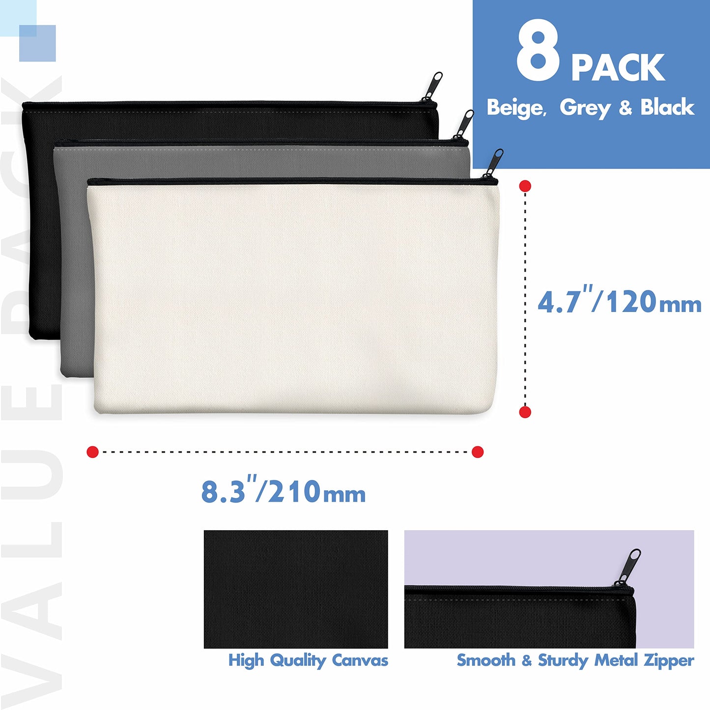 8 Pack Canvas Colorful Zipper Bags, DIY Craft Bags Travel Canvas Makeup Pouches for Cosmetic Toiletry Stationery Storage (Beige, 8.3” x 4.7”) BST220