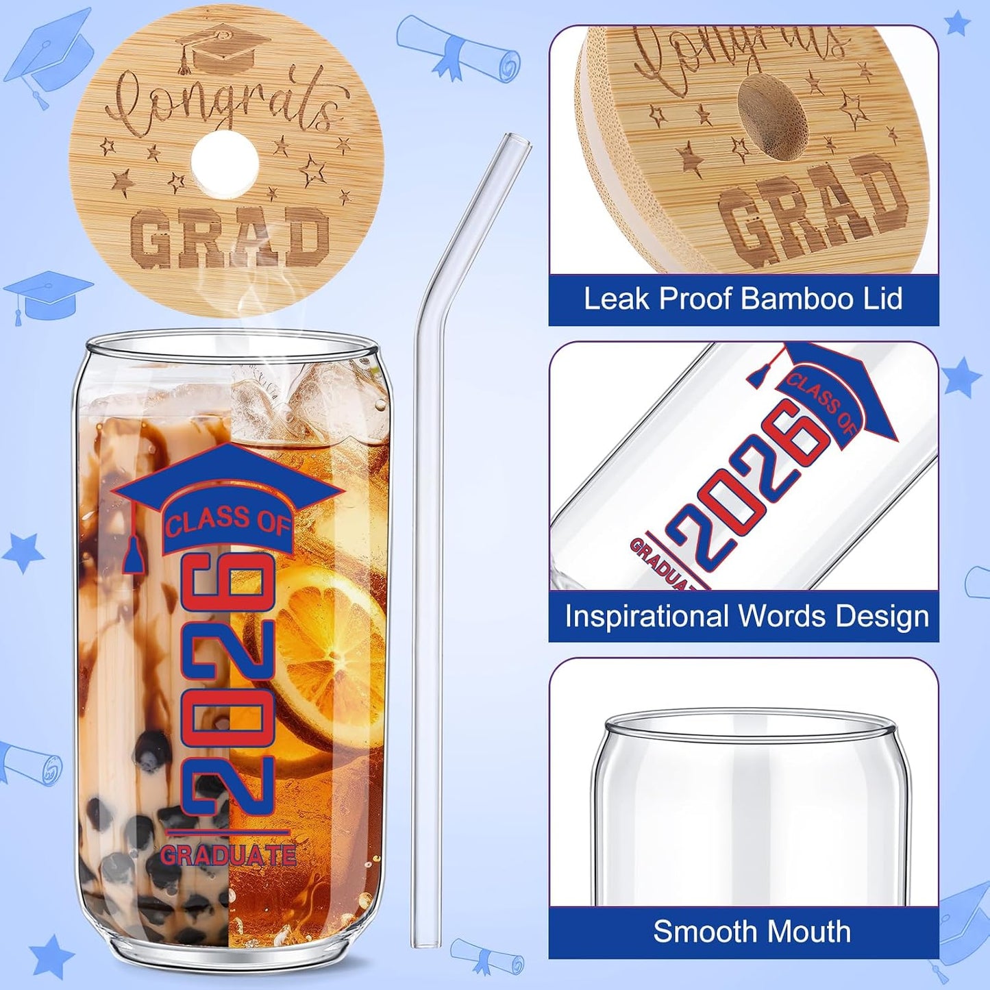 6 Pcs Red and Blue Class of 2026 Graduation Gifts Graduation Glass Cup with Lids Straw 16oz Congrats Grad Coffee Mugs for Her Him Men Women Middle & High School College Tumbler Party Favor BST326H