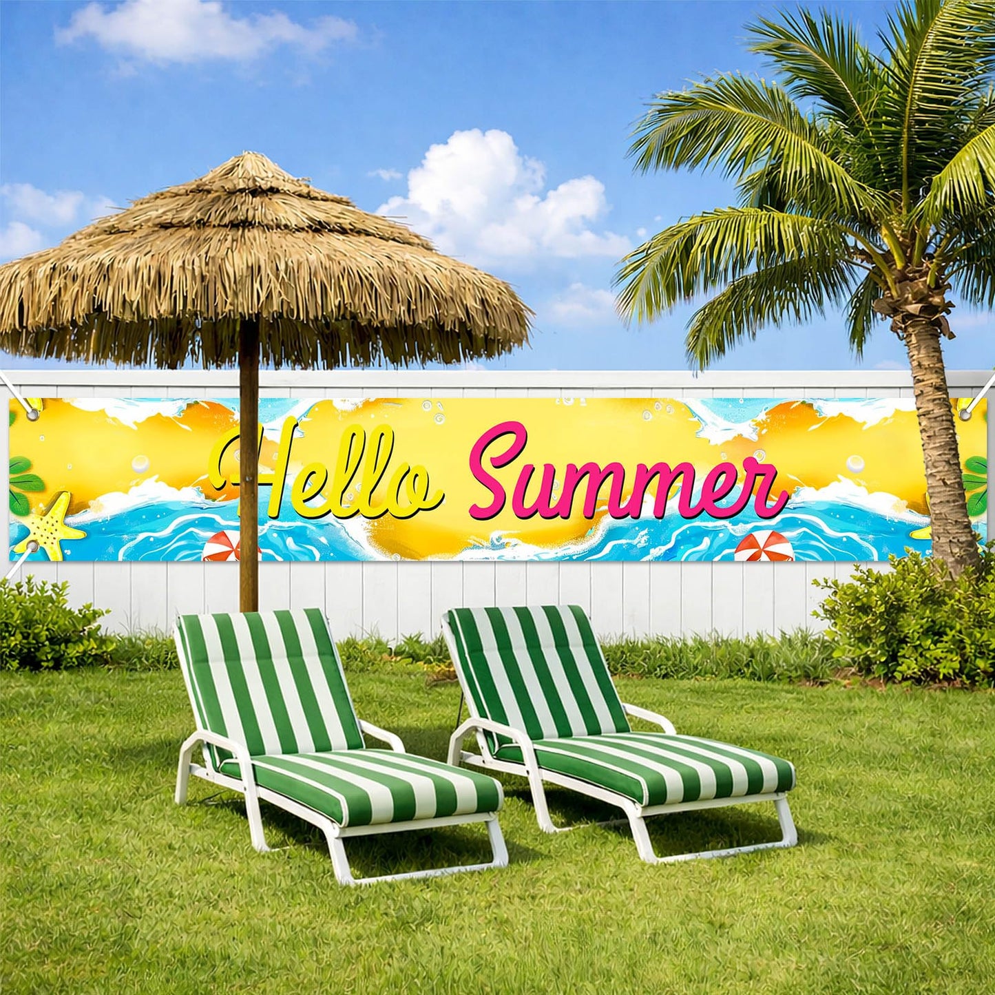 BlissYard Hello Summer Banner 118 x 20 Inch Pool Party Decorations Beach Surfboard Watermelon Tropical Fence Sign Hawaiian Luau Outdoor Backyard Wall Decor BST220