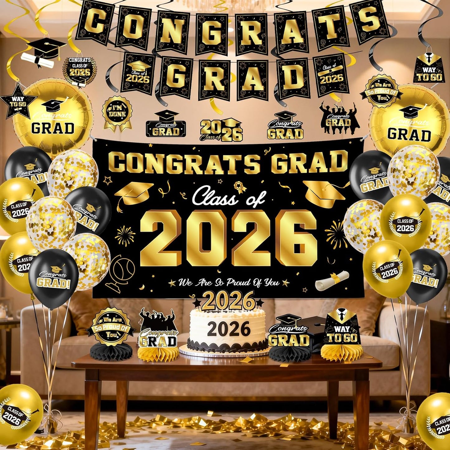 Graduation Decorations 2026-Black and Gold Graduation Party Decorations Supplies Class of 2026 with Graduation Banner, Backdrop, Balloons, Centerpieces, Hanging Swirl for Grad Party BST326H