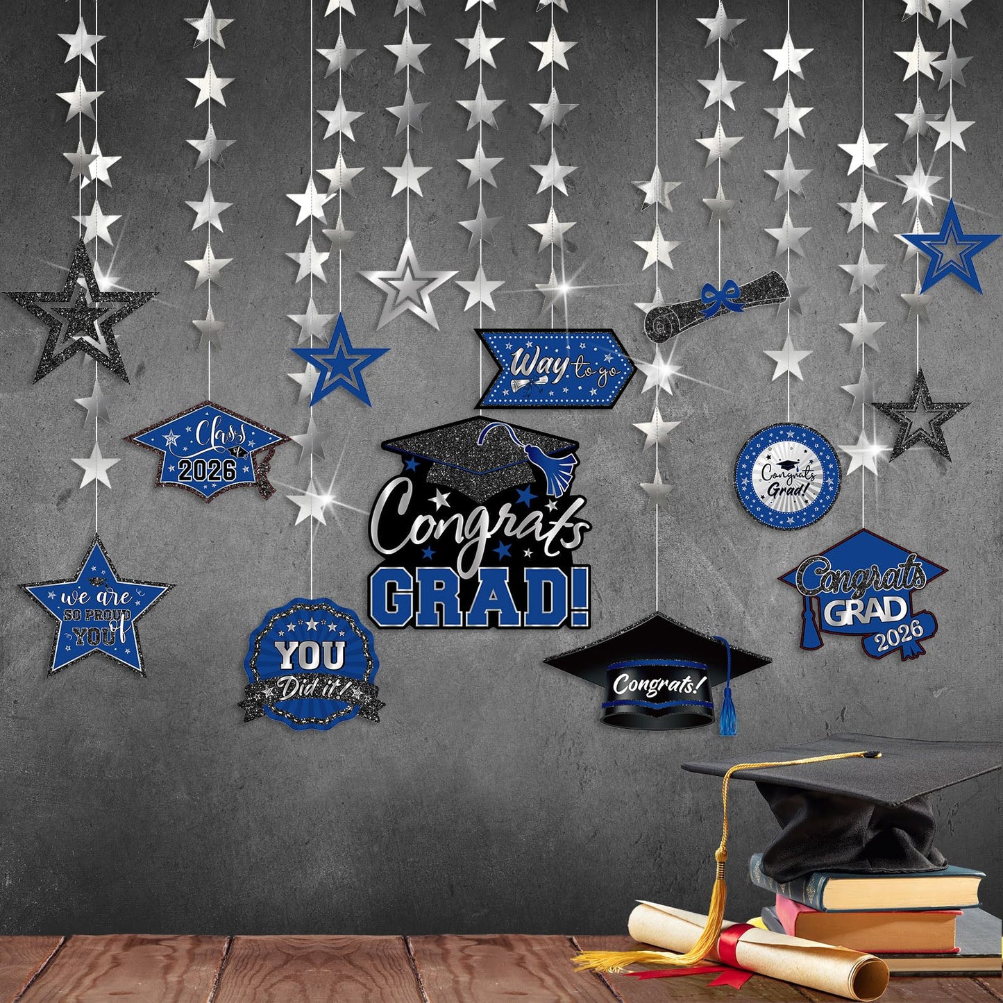 Yisong 14 Pcs Graduation Garland Class of 2026 Graduate Decoration Diploma Hat Star Congrats Garland Banner Congrats Grad Streamers Backdrop for Graduation Party Supplies College Grad Decor(Red) BST202