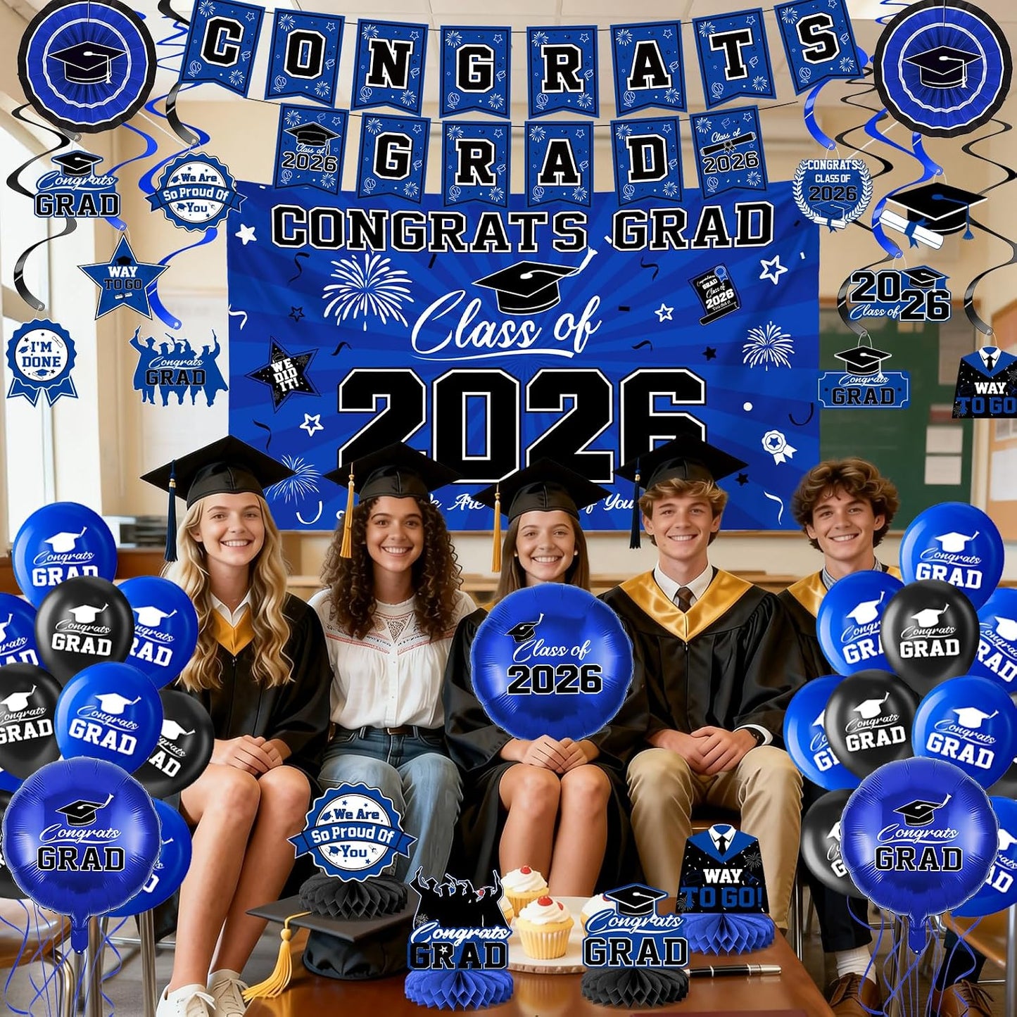 Graduation Decorations 2026-Blue and Black Graduation Party Decorations Supplies Class of 2026 with Graduation Banner, Backdrop, Balloons, Centerpieces, Hanging Swirl for Grad Party BST326H