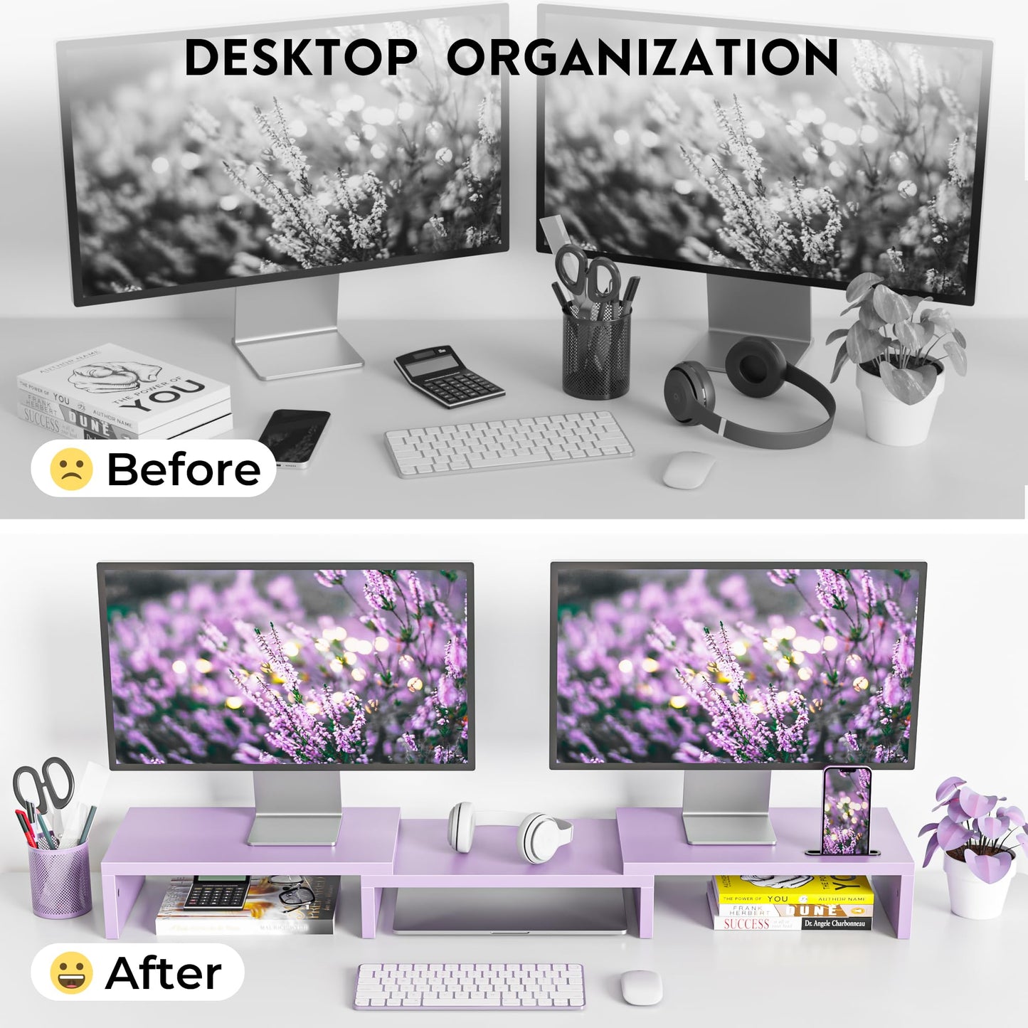 BONTEC Dual Monitor Stand Riser, Adjustable Length & Swivel Angle, Pink | Ergonomic Wooden Desktop Organizer with Smartphone Holder, Computer Monitor Stand for PC, Laptop, Printer and Large Storage BST202
