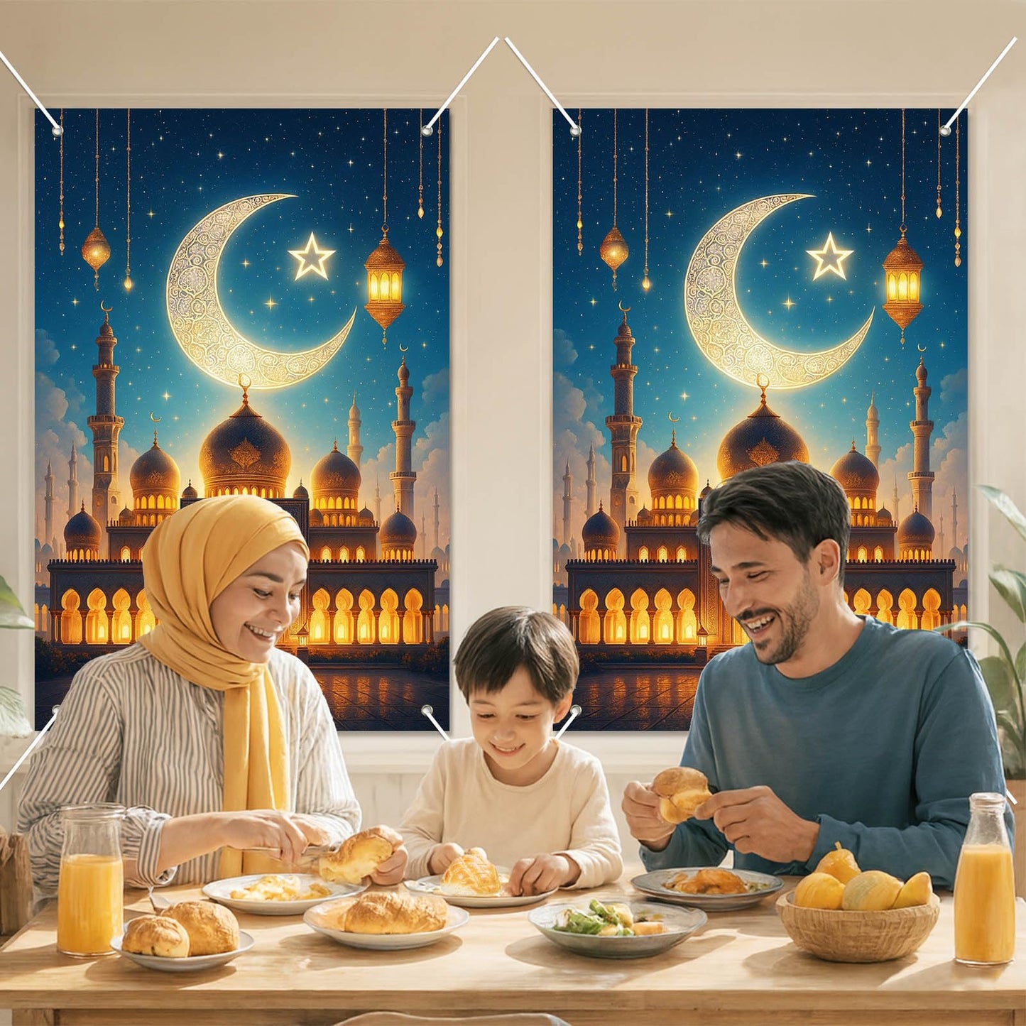 HOMETITUTE Eid Ramadan Window Banner Holiday Curtain Backdrop 31x47 Fabric | Mubarak Cover Festival Screen Windows Banner Hanging Living Room Bedroom Home Crescent Moon Star Pattern Design BST326H