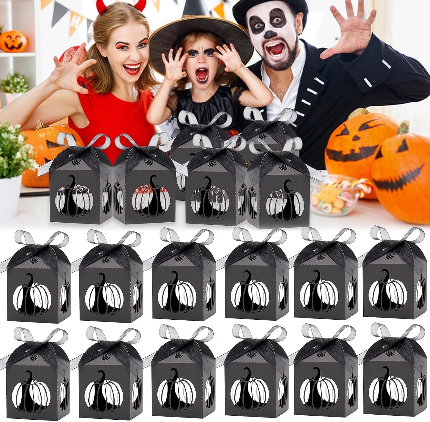 Ncozwo 20 Pcs Black Halloween Party Treat Boxes Pumpkin Candy Cookies Gift Box Hollowed-out Pumpkin Favor Boxes Hollow Die-Cut Cardboard Chocolate Container for Birthday Party Supplies Decorations BST220