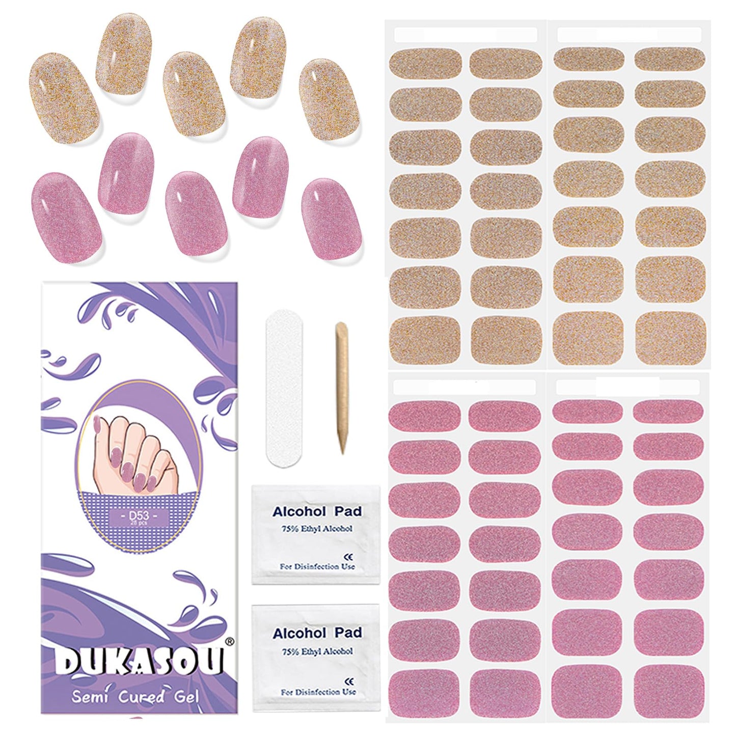 Semi Cured Gel Nail Strips, 56Pcs Nail Art Stickers/Wraps, Long Lasting UV Nail Polish Strips for Adults (Silver Rhinestones+French Tip Glitter) BST220