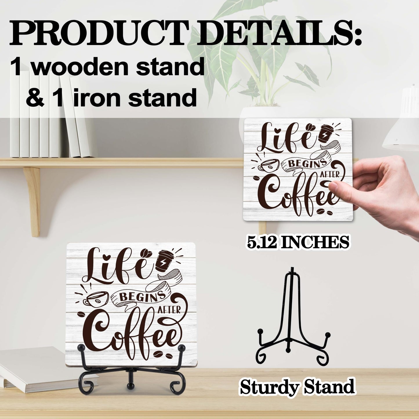 Coffee Bar Decor, Farmhouse Kitchen Table Decor, Coffee Station Accessories, Wooden Decorative Sign with Iron Stand for Table Desk Shelf Display-E21 BST220