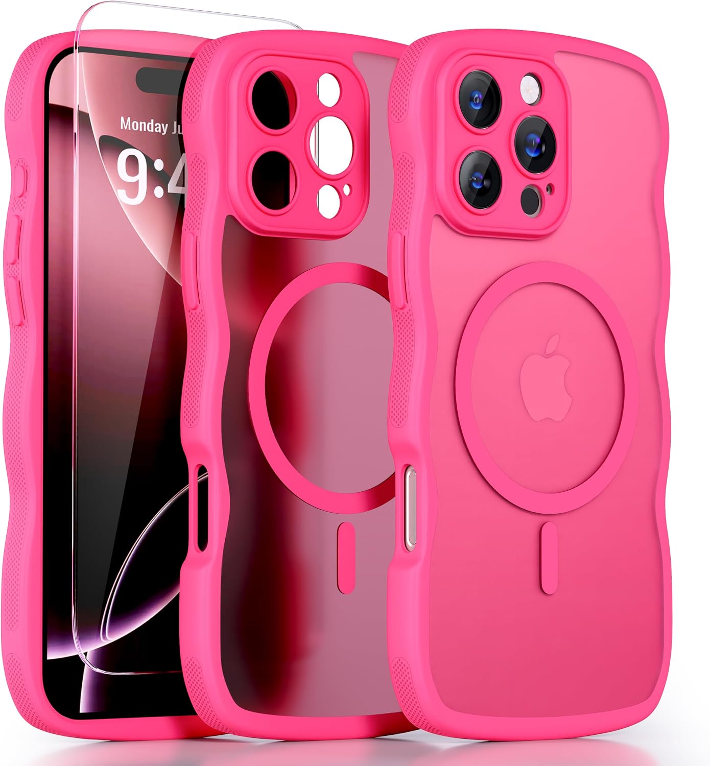QVLANG Case for iPhone 16 Pro Max, Cute Wave Cover Case, Upgraded[Full Camera Protection][Compatible with Magsafe][Military Grade Protection][Translucent Matte] Phone Case for Women Girls, Hot Pink WN420